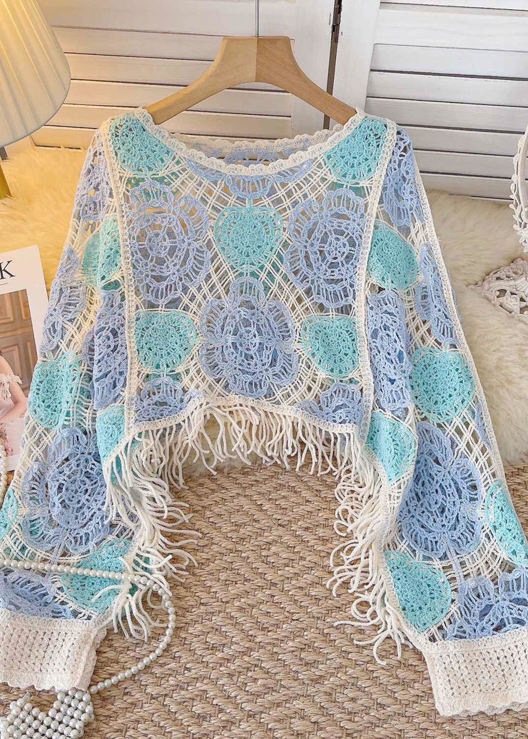 Boho Green O-Neck Tassel Hollow Out Patchwork Knit Shirt Fall