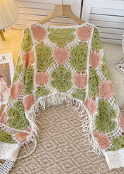 Boho Green O-Neck Tassel Hollow Out Patchwork Knit Shirt Fall