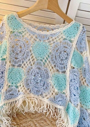 Boho Green O-Neck Tassel Hollow Out Patchwork Knit Shirt Fall