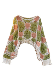 Boho Green O-Neck Tassel Hollow Out Patchwork Knit Shirt Fall