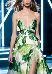 Boho Green Print Side Open Silk Spaghetti Strap Dress Summer