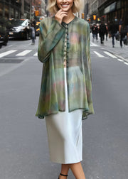 Boho Green Tie Dye Chinese Button Chiffon Sheer Cardigan Summer