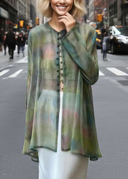 Boho Green Tie Dye Chinese Button Chiffon Sheer Cardigan Summer