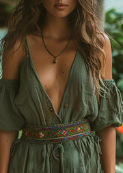 Boho Green V Neck Cold Shoulder Cotton Mini Dresses Summer