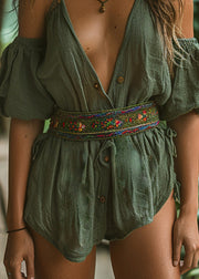 Boho Green V Neck Cold Shoulder Cotton Mini Dresses Summer