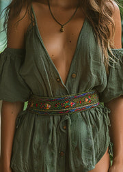 Boho Green V Neck Cold Shoulder Cotton Mini Dresses Summer