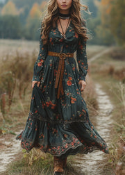 Boho Green V Neck Print Patchwork Cotton Maxi Dresses Spring
