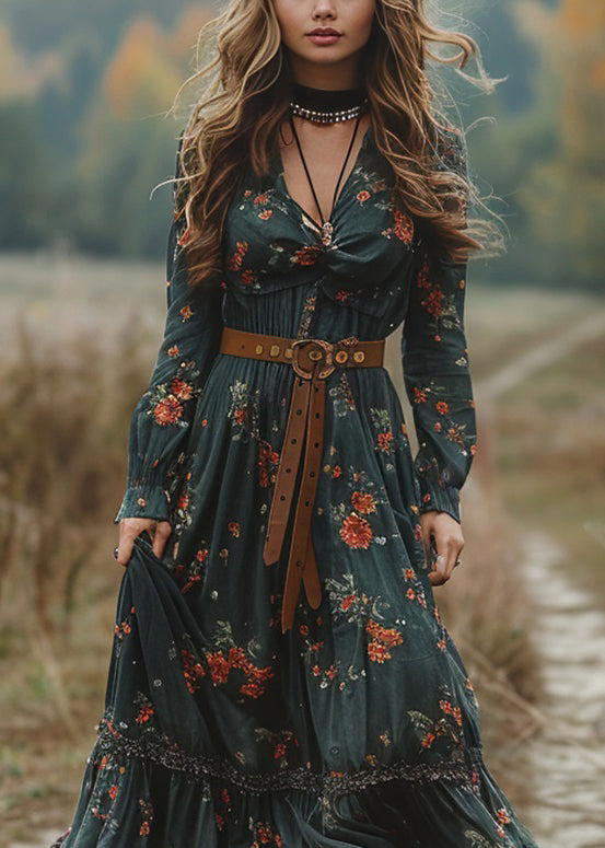 Boho Green V Neck Print Patchwork Cotton Maxi Dresses Spring