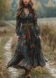 Boho Green V Neck Print Patchwork Cotton Maxi Dresses Spring