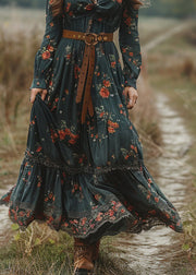 Boho Green V Neck Print Patchwork Cotton Maxi Dresses Spring