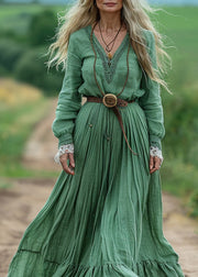 Boho Green V Neck Wrinkled Patchwork Cotton Dresses Spring