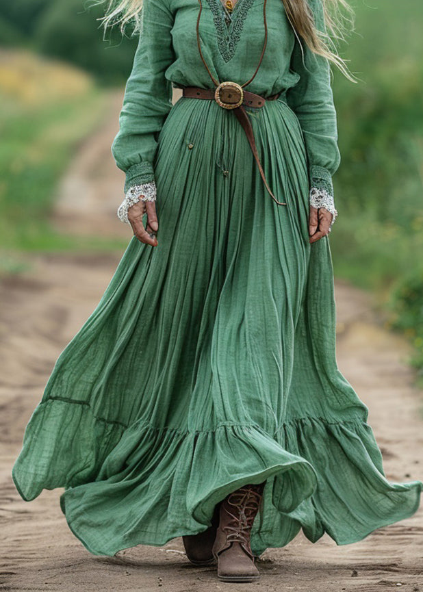 Boho Green V Neck Wrinkled Patchwork Cotton Dresses Spring