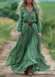 Boho Green V Neck Wrinkled Patchwork Cotton Dresses Spring