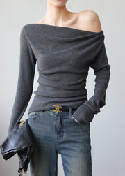 Boho Grey Cold Shoulder Silm Fit Knit Sweater Tops Spring