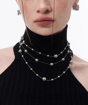 Boho Grey Copper Overgild Pearl Babysbreath Gratuated Bead Necklace