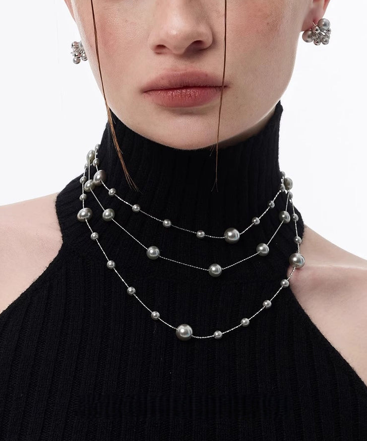 Boho Grey Copper Overgild Pearl Babysbreath Gratuated Bead Necklace