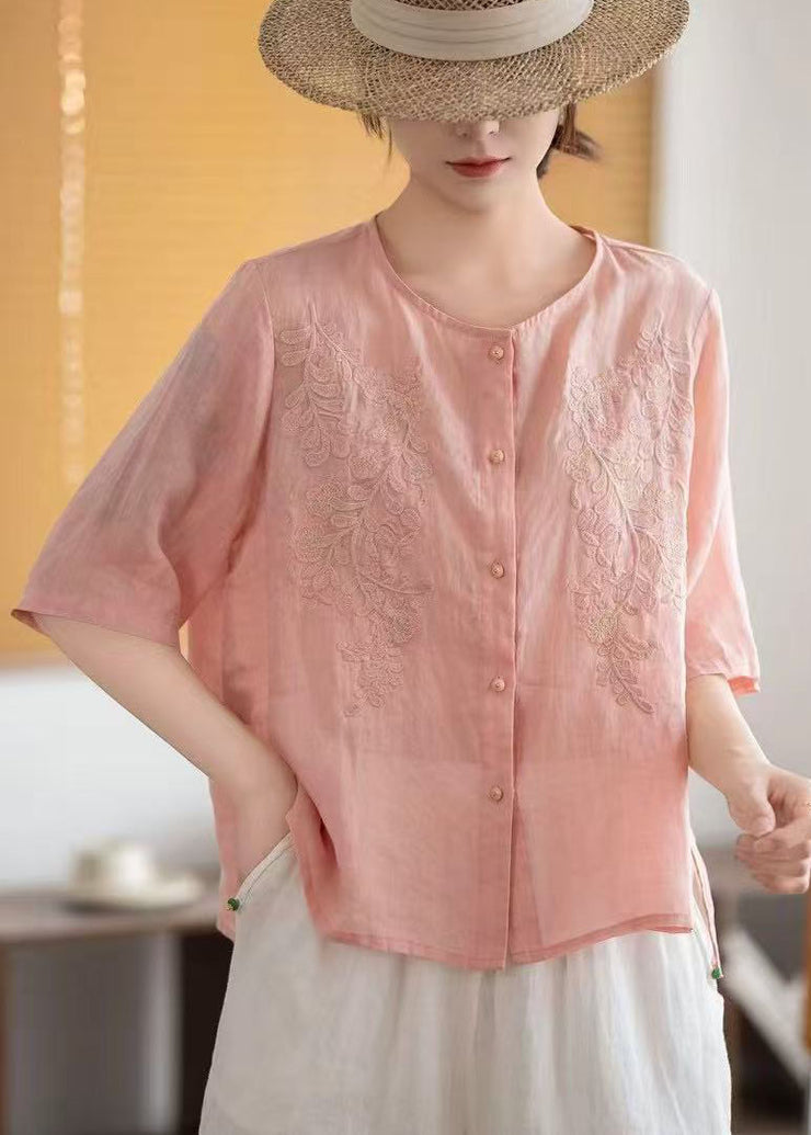 Boho Grey Embroidered Linen Tops Half Sleeve