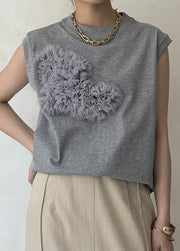 Boho Grey Floral Decorated Cotton Tank Tops Sleeveless