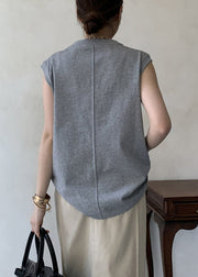 Boho Grey Floral Decorated Cotton Tank Tops Sleeveless