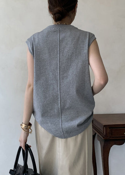 Boho Grey Floral Decorated Cotton Tank Tops Sleeveless