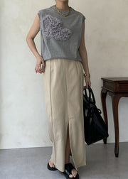 Boho Grey Floral Decorated Cotton Tank Tops Sleeveless