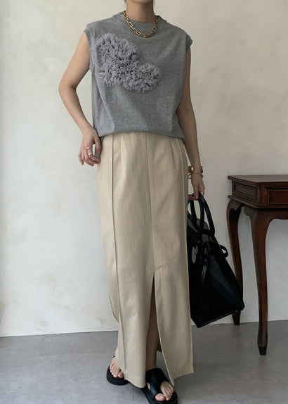 Boho Grey Floral Decorated Cotton Tank Tops Sleeveless