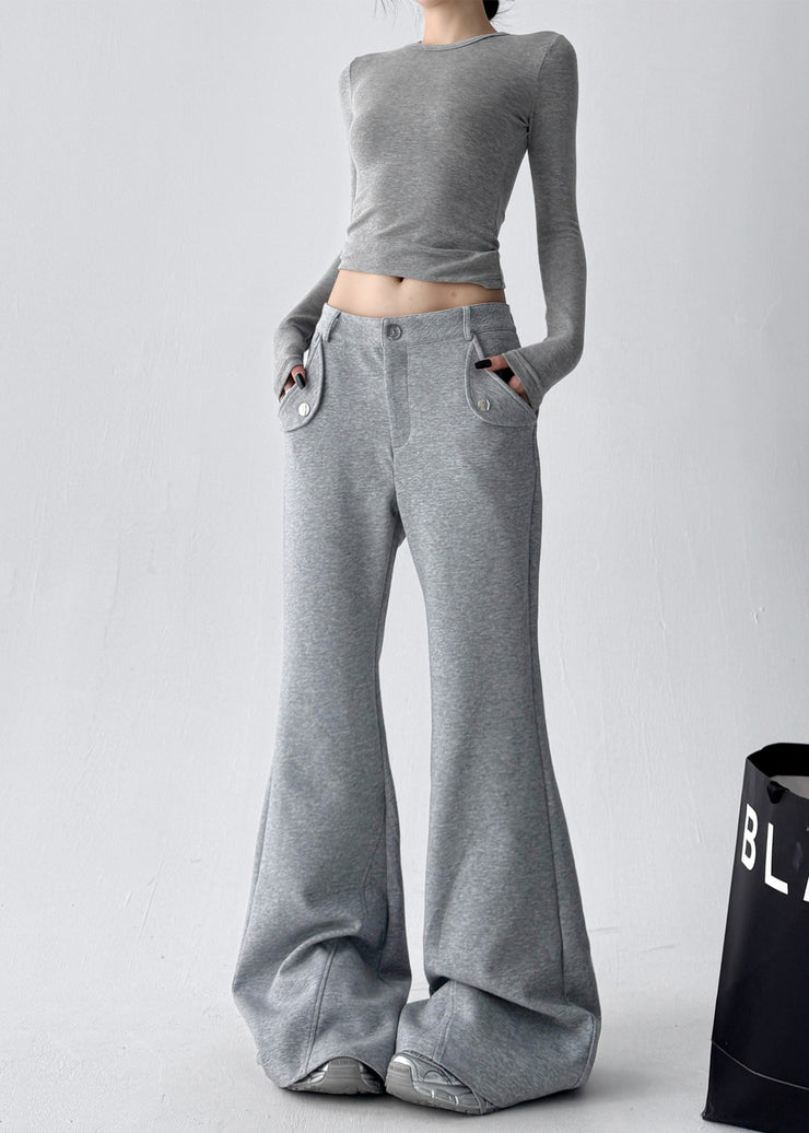 Boho Grey Oversized Cotton Bell-bottom Trousers Fall