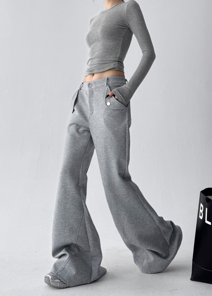 Boho Grey Oversized Cotton Bell-bottom Trousers Fall