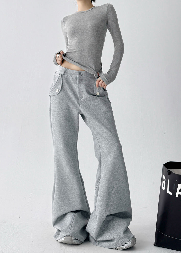 Boho Grey Oversized Cotton Bell-bottom Trousers Fall