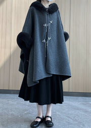 Boho Grey Oversized Patchwork Faux Fur Woolen Trench Winter