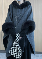 Boho Grey Oversized Patchwork Faux Fur Woolen Trench Winter