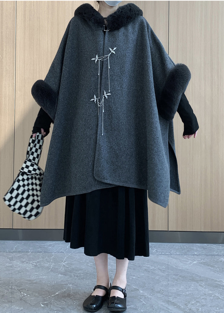 Boho Grey Oversized Patchwork Faux Fur Woolen Trench Winter