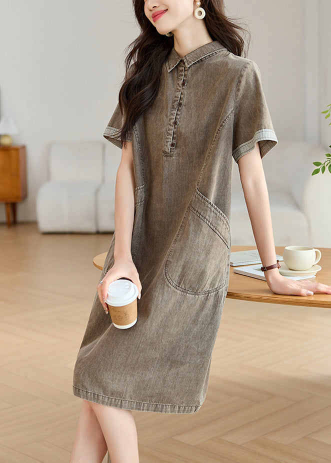 Boho Grey Peter Pan Collar Pockets Denim Day Dresses Summer