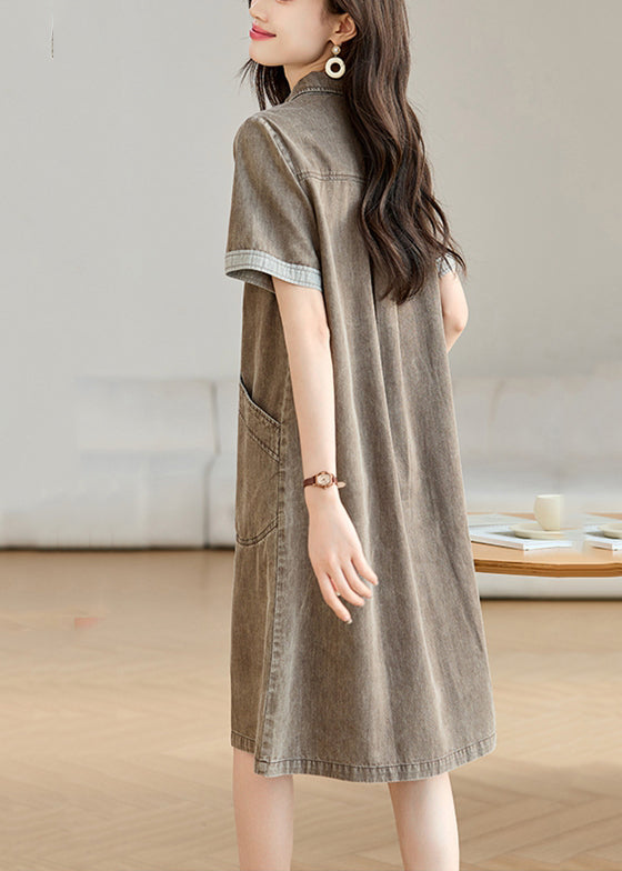 Boho Grey Peter Pan Collar Pockets Denim Day Dresses Summer