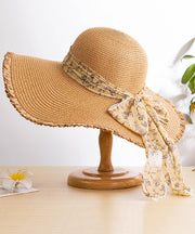 Boho Khaki Bow Big Side Straw Woven Floppy Sun Hat