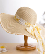 Boho Khaki Bow Big Side Straw Woven Floppy Sun Hat