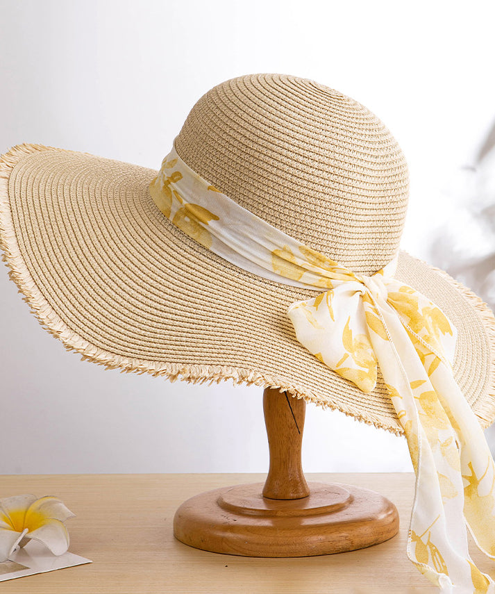 Boho Khaki Bow Big Side Straw Woven Floppy Sun Hat