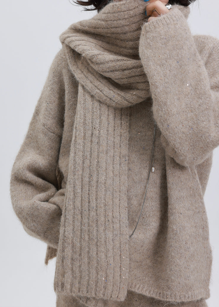 Boho Khaki Sequins Warm Wool Knit Cozy Scarf