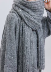 Boho Khaki Sequins Warm Wool Knit Cozy Scarf