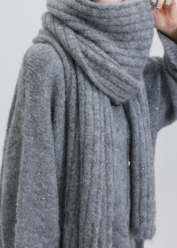 Boho Khaki Sequins Warm Wool Knit Cozy Scarf