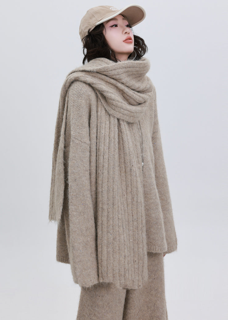 Boho Khaki Sequins Warm Wool Knit Cozy Scarf