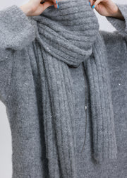 Boho Khaki Sequins Warm Wool Knit Cozy Scarf