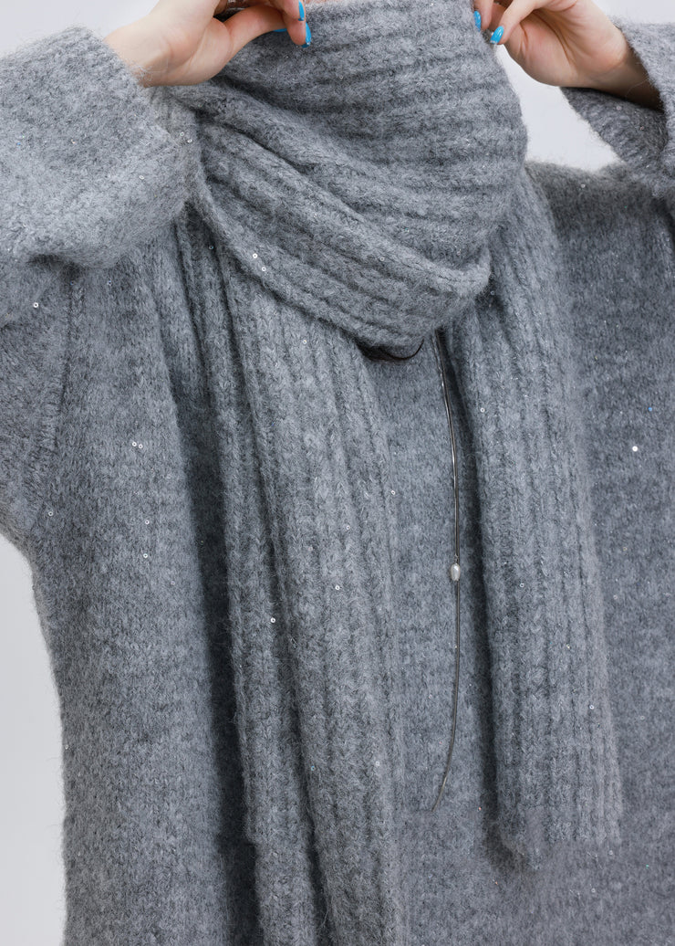 Boho Khaki Sequins Warm Wool Knit Cozy Scarf