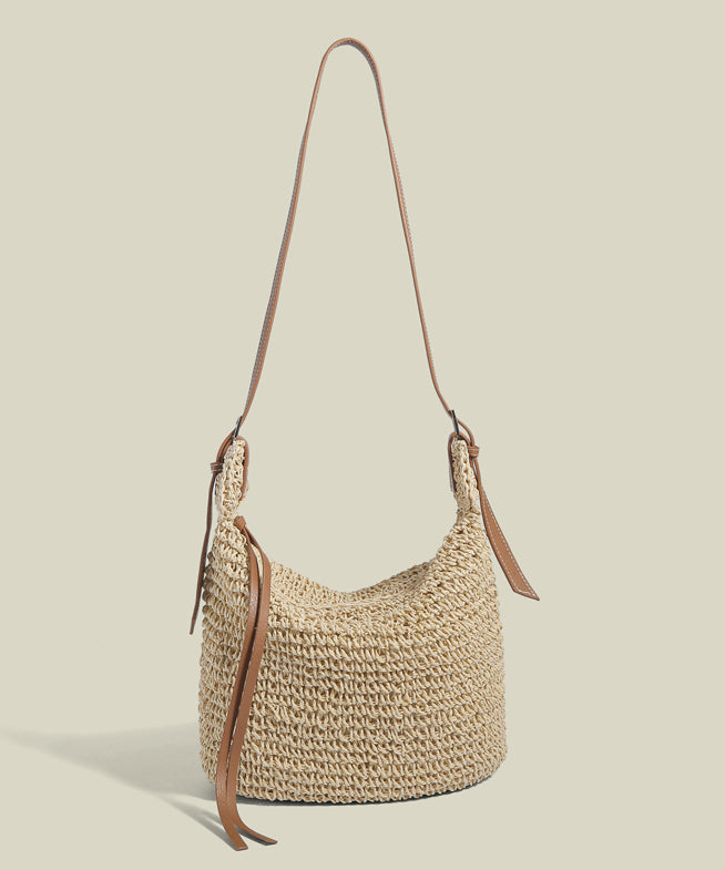 Boho Khaki Solid Durable Straw Woven Bucket Bag