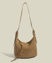 Boho Khaki Solid Durable Straw Woven Bucket Bag