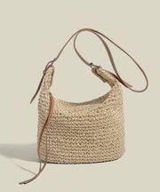 Boho Khaki Solid Durable Straw Woven Bucket Bag