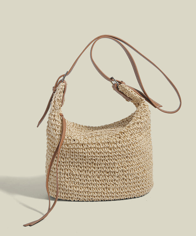 Boho Khaki Solid Durable Straw Woven Bucket Bag