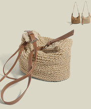 Boho Khaki Solid Durable Straw Woven Bucket Bag