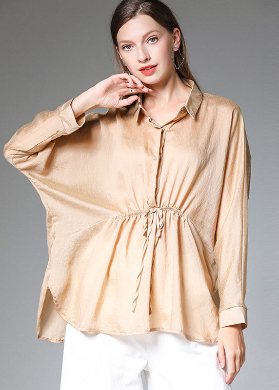 Boho Khaki Solid Peter Pan Collar Drawstring Silk Shirt Tops Long Sleeve