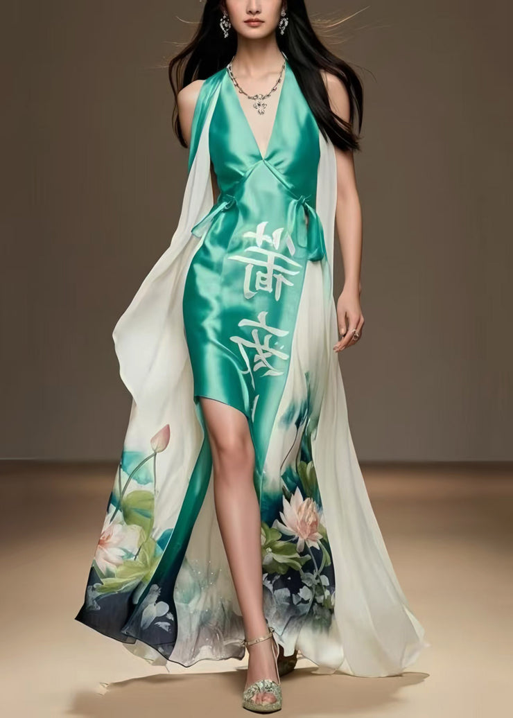 Boho Lake Green Asymmetrical Patchwork Silk Vacation Dresses Summer